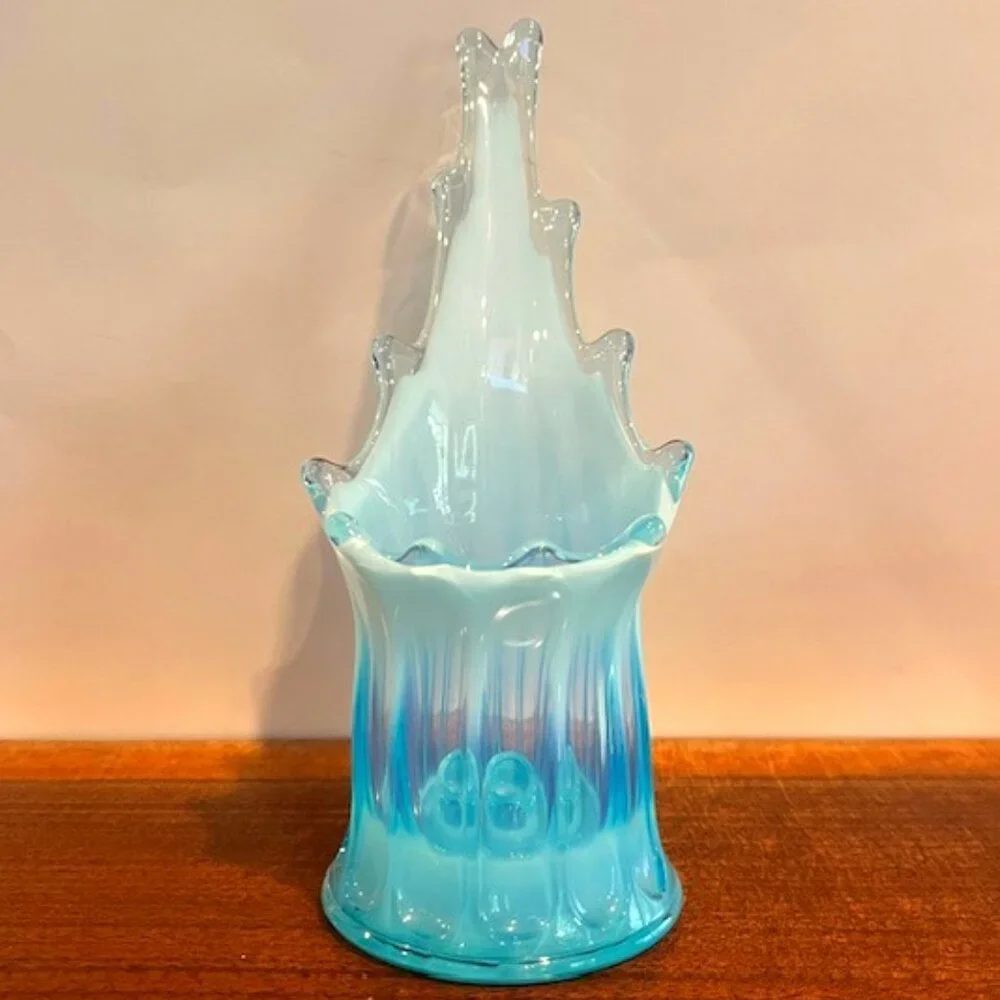 Vintage Fostoria Heirloom Blue Opalescent Swung Ribbed Candle Taper Holder